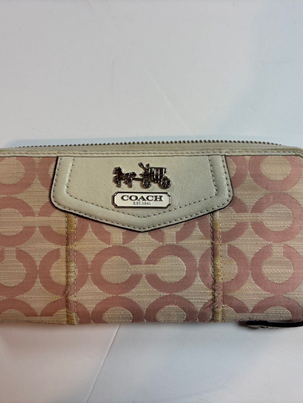 Coach Pink and Cream Signature Zip Wallet with Horse & Carriage Plaque